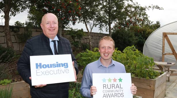 Liam Gunn South Down Area Manager and Tim Gilpin Rural and Regeneration Manager launch the 2023 Rural Community Awards at Moneydarragh Community Hub garden area, winners of last year's award. Picture: Housing Executive
