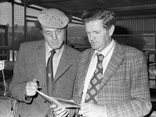Don Wrench from Wales, who judged the Border Leicester show and sale at Ballyclare in September 1981, with the secretary of the association, Harold Dickey. Picture: Farming Life archives