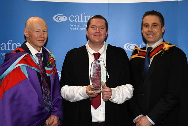 Graeme Tacey (Londonderry) was presented with the Department of Agriculture, Environment and Rural Affairs Prize at the Greenmount Campus Graduation Ceremony. Graeme was awarded the prize by Dr Eric Long (Head of Education, CAFRE) and David Dowd (Head of Horticulture, CAFRE) for being the top Level 2 Practical Horticulture Skills student. Pic: CAFRE