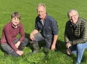 Claire and John Beckett pictured with Ulster Grassland Society president Harold Johnston discussing the forthcoming UGS autumn meeting to be held at their Donaghcloney farm on Tuesday 18th October 2022