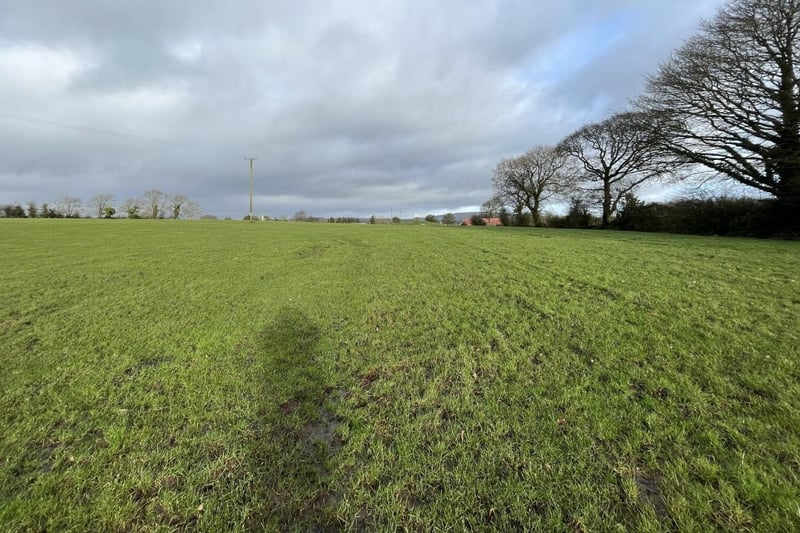 The land is laid in grass at this time and appears well drained, with water in every field