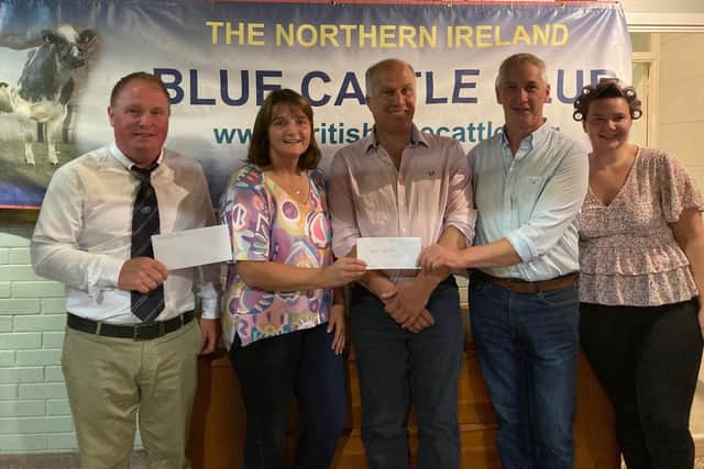 Oliver McCann (NI Blue Cattle Club Chairman), Lizzy Rodgers, John O’Kell (judge), Geoff Rodgers and Emma Rodgers. (Pic: NI Blue Cattle Club)