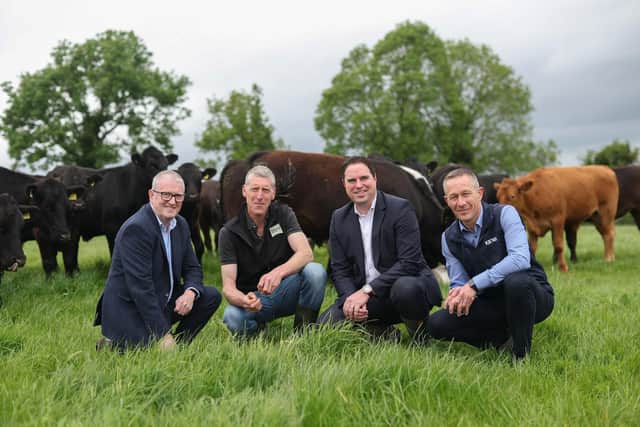 Pictured launching the Bright Meat Company, a first-to-market range of lower carbon Irish beef products, was (l-r) Tesco Ireland CEO Geoff Byrne, Twenty20 Beef Club farmer TJ Kealy, Minister for Agriculture Martin Heydon TD, and Kepak CEO Brian Tormey. Created by Tesco in partnership with Kepak, the Bright Meat Company range features products which are individually verified as lower carbon than market equivalents by the Carbon Trust.