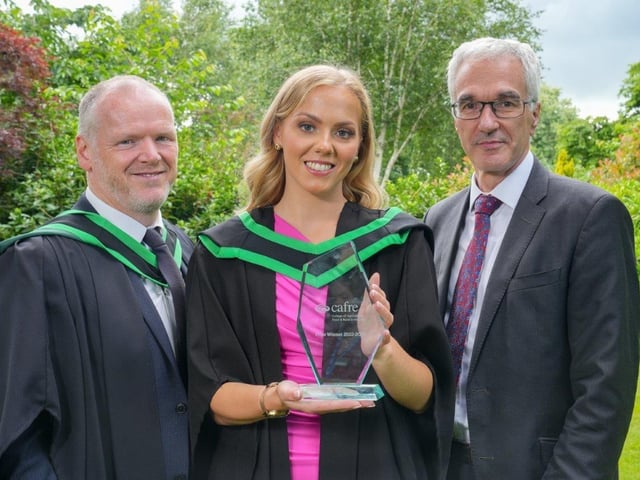 Cathy Reid (Dungannon) graduated from Loughry Campus with a First-Class Honours Degree in Food Business Management. Cathy received the Department of Agriculture, Environment and Rural Affairs Prize awarded to the student achieving the highest marks in the final year of the course from Norman Fulton (Head of Food and Farming Group, DAERA) and Fintan McCann (Head of Food Education, Loughry Campus, CAFRE). Pic: CAFRE