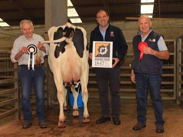 Champion was Sam McCormick’s Hilltara Applejax Janine sold for 3,750gns. Included are Ian Cummins, sponsor; and judge Ian Agnew. Picture: Julie Hazelton