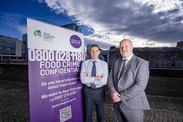 (L-R) Ed McDonald, Food Fraud Liaison Officer, Consumer Protection Division, Food Standards Agency NI and Andy Quinn, Head of the National Food Crime Unit (NFCU) at the official launch of Food Crime Confidential, 0800 028 11 80, a freephone number to report food fraud in Northern Ireland. NFCU is a law enforcement arm of the FSA working to make sure your food is safe and is what it says it is.