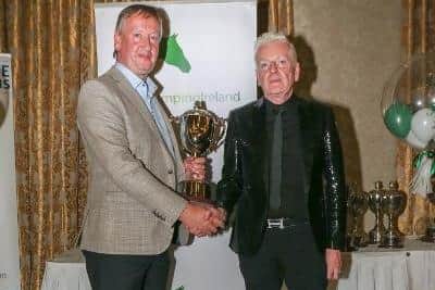 Ulster Region Owner Recognition Award for the Winning Grand Prix Horse 4* and above The Castle Irvine Perpetual Cup, Donald Loughran, presenting Derek Reid. (Pic: SJI Ulster Region)