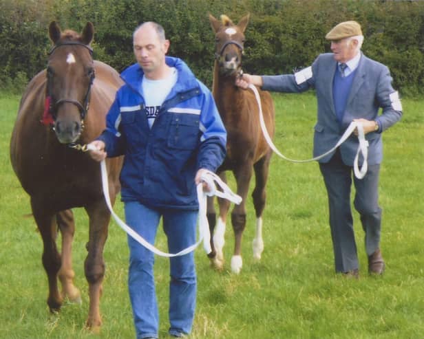 There was more success at the 2010 Mounthill Fair for Kilwaughter Beauty, who once again lifted the champion mare award. She is led by Colin Crooks while his father Houston Crooks from Kilwaughter leads Kilwaughter Blade, winner of the championship foal.  Picture: Larne Times archives