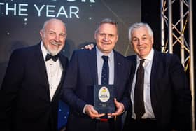 Simon Evans, pictured with Alan Huston Head of Agri Business, Breeder Services & Hatcheries at Moy Park receiving the award for Processor of the Year, and Paul Kelly. (Photo: Jamie Hodgskin)