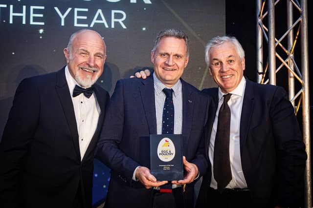Simon Evans, pictured with Alan Huston Head of Agri Business, Breeder Services & Hatcheries at Moy Park receiving the award for Processor of the Year, and Paul Kelly. (Photo: Jamie Hodgskin)