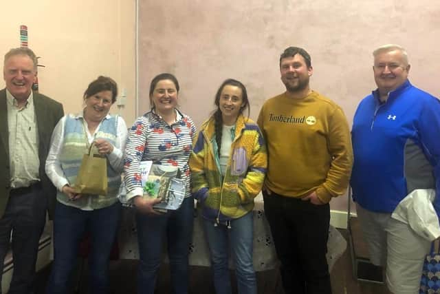 Quiz master Colin Moffett (right) congratulates members of the Bell family, who were one of the winners at the recent Newry Show Annual Quiz, held in Jerrettspass