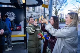 Crowds gathered in Belfast City Centre, not only to tuck into a freshly made toastie but to feast their eyes on the bespoke ‘Smelter’ bus shelter. (Pic supplied by Morrow Communications)
