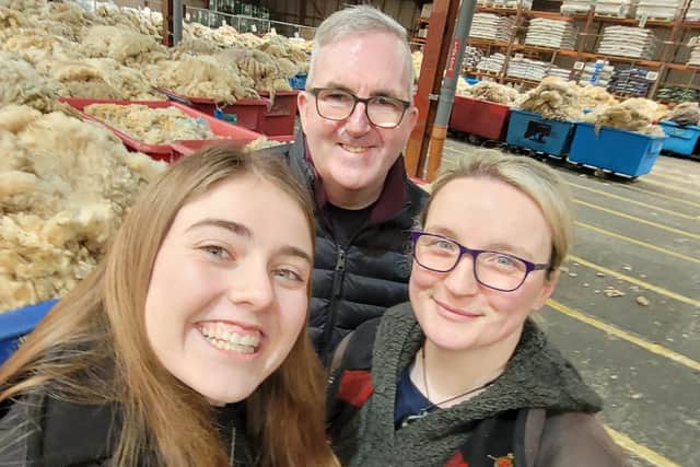 US agri media student Michelle Stangler, with local agri journalist Chris McCullough and Jane Harkness-Bones, joint depot manager at Ulster Wool.