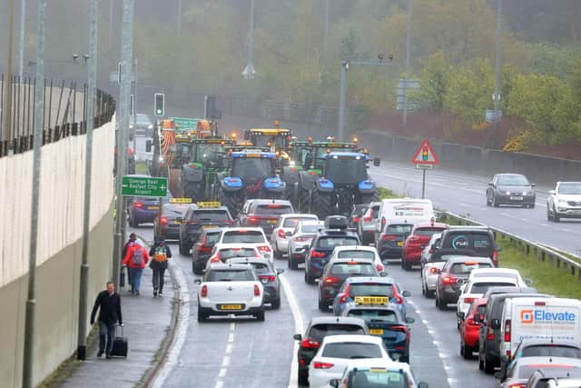 A slow-moving convoy of tractors has disrupted traffic in Belfast ahead of several fuel protests in Northern Ireland.