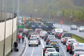A slow-moving convoy of tractors has disrupted traffic in Belfast ahead of several fuel protests in Northern Ireland.