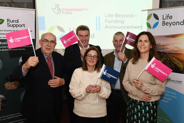 Liam McCarthy (ABP Food andLife Beyond committee member), Kevin Doherty (CEO at Rural Support), Victor Chestnutt (founder of Life Beyond) with Judith McCann and Nuala Macauley from the National Lottery Community Fund
