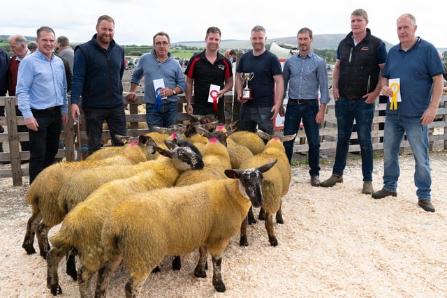 Robert Gourley, Alwyn McFarland, Judge, Raymond Canning, 3rd Suffolk Cheviot, Chris Mullan, Martin Mullan 1st Suffolk Cheviot, Alexander Gourley, Eugene Lagan and Eoghan Lagan, 3rd  Suffolk Cheviot  at the Alexander Gourley open air sheep show and sale at Aghanloo on Tuesday morning. Photo Clive Wasson