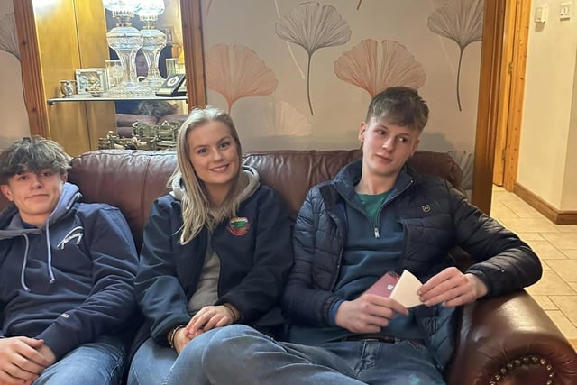 Lisnamurrican YFC members Harry Knox, Anna Francey and Leo Kidd enjoying the club's roving supper which was held recently. Picture: Lisnamurrican YFC