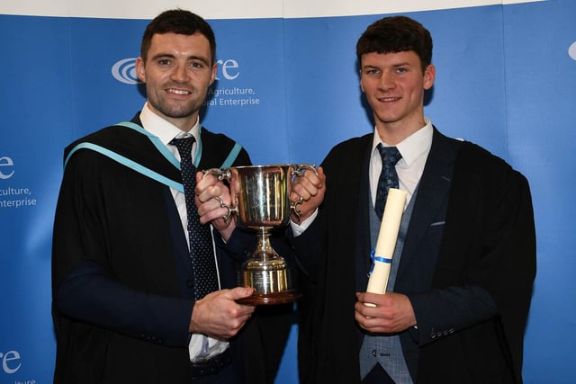 The National Beef Association Cup for performance in beef production on the Level 3 Advanced Technical Extended Diploma in Agriculture was awarded to Joshua McFarland (Trillick). Congratulating Joshua is Phelim Savage (Agriculture Lecturer, CAFRE)