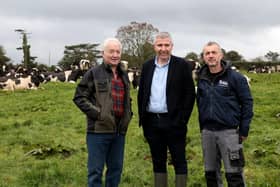 Visitors attended a Farm Walk at the McCormick farm in Bessbrook as part of the EU Sustainable Dairy programme, hosted by the Dairy Council NI. Pictured from left to right: Raymond McCormick with his son Darren McCormick, and Chief Executive of the Dairy Council NI Ian Stevenson (centre). Pic: Matt Mackey