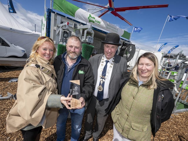 The award for the Best Trade Stand Displaying Agri/Horticultural Machinery or Equipment, was presented to Cowcare Systems Ltd, Ballymoney. Left to right: Judges Amanda Day and Corrie Ince join winner John Sharkey and RUAS President David Cunningham to present the award.