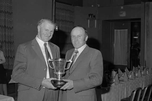 Jim Duncan, Ulster Ayrshire Club chairman, and Harry McKeown, Portglenone, at the club’s annual dinner and prize distribution which was held in Ballymena in November 1981. Picture: Farming Life archives/Darryl Armitage