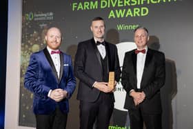 Glenshane Country Farm won the 'Farm diversification' award. Included is compere Barra Best and Martin Walsh, Cranswick. Pic: McAuley Multimedia