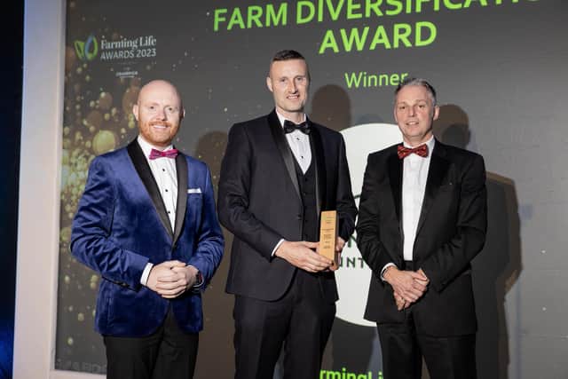 Glenshane Country Farm won the 'Farm diversification' award. Included is compere Barra Best and Martin Walsh, Cranswick. Pic: McAuley Multimedia
