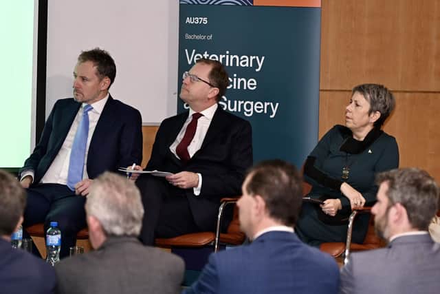 Sitting with Minister for Further and Higher Education, Research, Innovation and Science, James Lawless TD (centre), Minister of State at the Department of Culture, Communications and Sport, Charlie McConalogue TD and President of ATU, Dr Orla Flynn