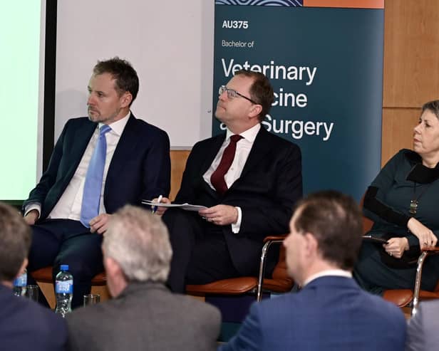 Sitting with Minister for Further and Higher Education, Research, Innovation and Science, James Lawless TD (centre), Minister of State at the Department of Culture, Communications and Sport, Charlie McConalogue TD and President of ATU, Dr Orla Flynn