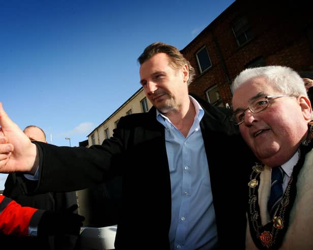 Thumbs up from Liam Neeson with the Mayor of Ballymena, Ald. PJ McAvoy