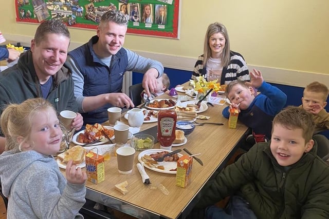 Graeme, Gareth and Elaine Hawkes with Ellie Carter, Charlie and Ollie at Seskinore YFC's recent Big Breakfast which was held in Saturday, March 9. Picture: Seskinore YFC