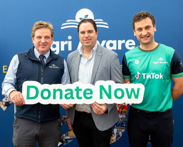 Agri Aware Chairman Shay Galvin, Minister for Agriculture, Food and the Marine Martin Heydon, and Agri Aware Executive Director Marcus O’Halloran at the launch of Agri Aware’s public donation campaign at this year’s National Ploughing Championships.