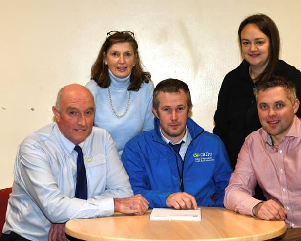 Front row – Robin Bolton, CAFRE agriculture senior advisor, Leigh McClean, CAFRE agriculture advisor and Christopher Gill, UFU seeds and cereals chair.
Back row – Patricia Erwin, UFU seeds and cereals, potatoes, fruit and vegetables policy officer and Heather Stewart, UFU events officer.