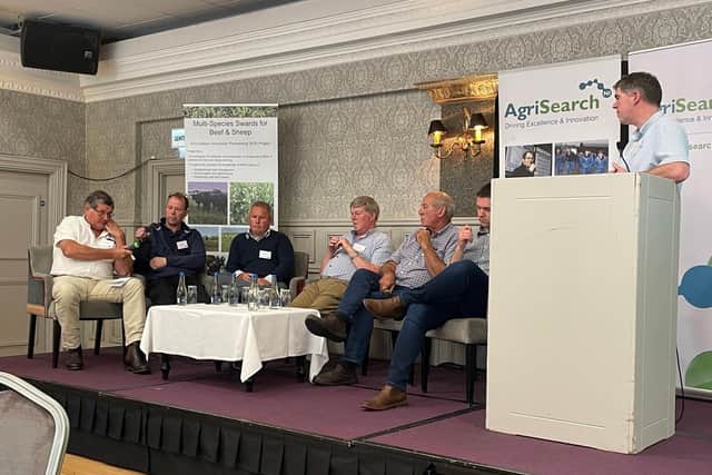 Dr Francis Lively (AFBI) chairing a discussion panel with the farmers involved in the Multi-Species Swards for Beef & Sheep EIP project. (From left to right: Paul Turley, Roger Bell, Dale Orr, Sam Chesney, Crosby Cleland and Andrew Clarke