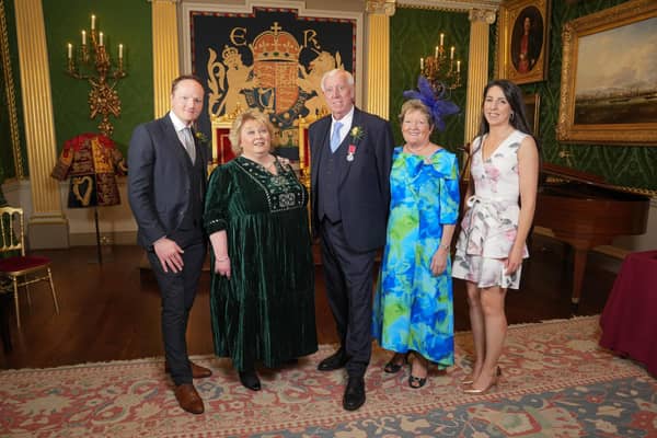 Robin Mercer BEM is pictured with Lord Lieutenant Dame Fionnuala Jay-O'Boyle DBE, at a ceremony in Hillsborough Castle, where he was presented with the British Empire Medal. He is joined by his wife Edith, son Alan and his wife Ciara. www.hillmount.co.uk