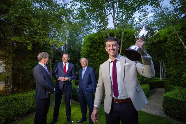 Danny Doyle from Rathangan, Co Kildare is the overall winner of the Teagasc/FBD Student of the Year 2023 award. Danny was presented with the trophy by (left to right) Liam Herlihy, Teagasc chairman, Minister for Agriculture, Food and the Marine, Charlie McConalogue TD, and Michael Berkery, chairman of FBD Trust
