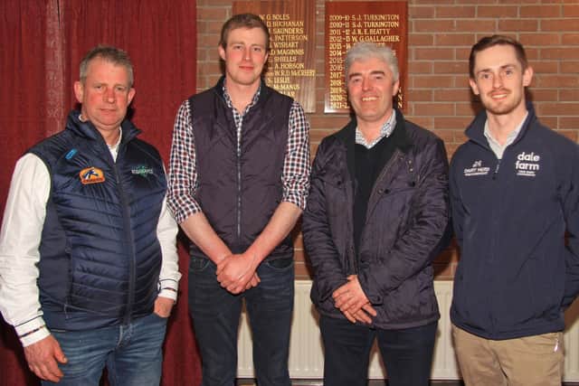 David Patterson, Dairy Herd Management, right, sponsor, is pictured at Holstein Ni’s AGM with newly elected committee members, from left: Alan Paul, Maghera; David Simpson, Lisburn; and Stuart Smith, Londonderry. Missing from the picture are Nicholas McCann and Mark Logan, both from Bangor. Picture: Julie Hazelton 