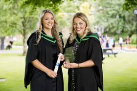 Abbie Thompson, Planning and Production Support at Dale farm pictured with Maria Mullan, Assistant Powder Production Manager who also received the Department of Agriculture, Environment and Rural Affairs prize for achieving the highest marks on the BSc (Hons) Degree in Food and Drink Manufacture. Pic: Dale Farm