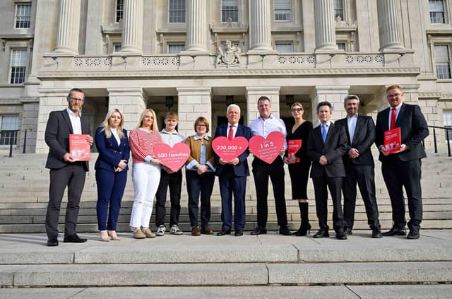 British Heart Foundation NI has launched a new report, ‘Hearts Need More’, highlighting the urgent need to tackle cardiovascular disease (CVD) in Northern Ireland and prevent as many as 500 premature deaths a year. Pictured at the launch at Parliament Buildings are (L-R) Sinn Fein MLAs Philip McGuigan and Orlaithi Flynn, Portstewart family Lucy, David and Alison Huffington, Head of BHF NI Fearghal McKinney, Terry Rice from Newry, Sinn Fein MLA Linda Dillon, event host Mark Devenport, Alliance MLA Danny Donnelly and BHF NI policy manager Liam Duggan.