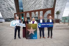 WaterAid Ball Platinum sponsor Seamus Donaghy, Kyra Bradley (both Geda Construction), Sara Venning, WaterAid NI President, Patrick Cunningham and Conor McKeown from Water Solutions Ireland.