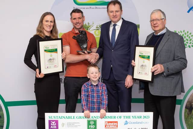 The overall winner of the Sustainable Grassland Farmer of the Year award for 2023 is Patrick O’Neill from Co Longford. He is pictured receiving the award in Teagasc, Ballyhaise from Charlie McConalogue TD, Minister for Agriculture, Food and the Marine. Also pictured are Tom O’Neill, Sean O’Neill and Michelle O’Neill. Picture: Submitted