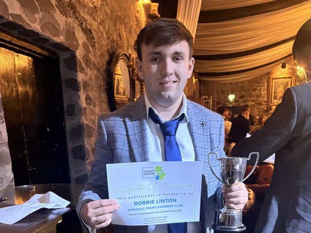 Robbie Linton (Ahogill YFC) received first place in Ulster Junior Young Farmer.