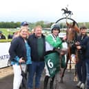 Private Ryan winner of the featured hunterchase with trainer Sean Doyle and rider Jamie Scallan. (Pic: Freelance)