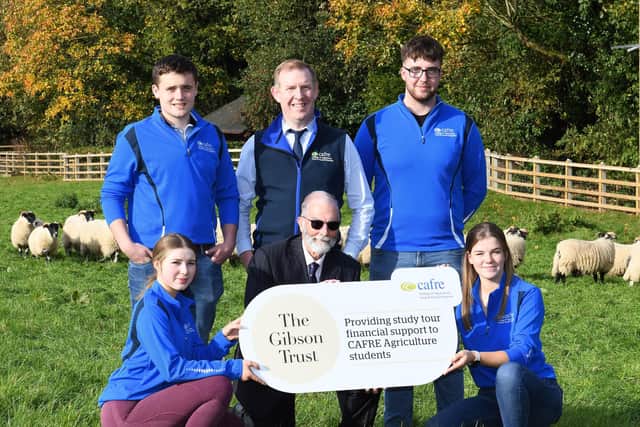 Joe Mulholland (CAFRE, Senior Lecturer) with Tom Smyth (Ballymoney), Liam Doyle (Castlewellan), Emma Bell (Ballymena) and Sarah McMullan (Ballymena) who are among the Level 3 Agriculture students who will benefit from the Study Tour funding being offered by The Gibson Trust. Launching the new funding on behalf of the Trust is Hugh Feguson, Inspector of The Gibson Trust.
