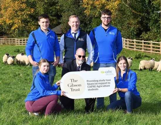 Joe Mulholland (CAFRE, Senior Lecturer) with Tom Smyth (Ballymoney), Liam Doyle (Castlewellan), Emma Bell (Ballymena) and Sarah McMullan (Ballymena) who are among the Level 3 Agriculture students who will benefit from the Study Tour funding being offered by The Gibson Trust. Launching the new funding on behalf of the Trust is Hugh Feguson, Inspector of The Gibson Trust.