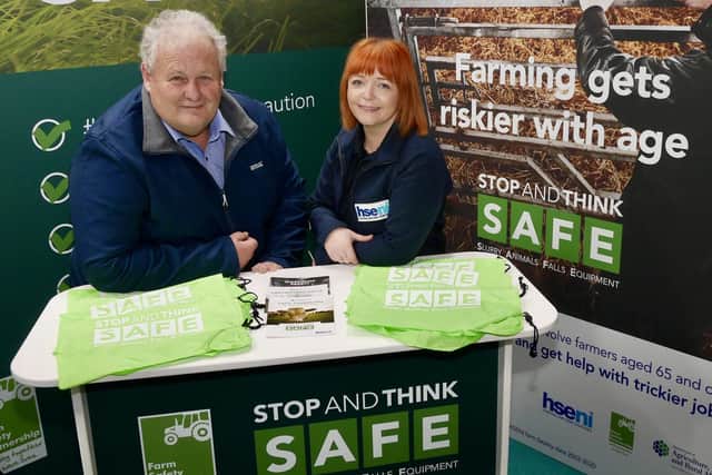 Launching the ‘Farming gets riskier with age’ campaign at the 36th Royal Ulster Winter Fair in Lisburn today, is Harry Sinclair, Chairperson of the Farm Safety Partnership (FSP), and HSENI Principal Inspector Camilla Mackey