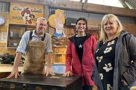 Presenter Lolly Spence (centre) with furniture restorer Brian Bailie and steamer trunk owner Susie Millar during filming for Oul Treasures, coming to BBC One Northern Ireland, Monday 25 March at 10.40pm. The entire series will be available to watch on BBC iPlayer from March 25