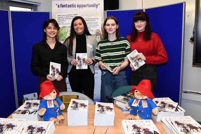 CAFRE Enniskillen Campus Higher Education students Joey Lindy (Clonmel, Co. Tipperary), Ryann McPhillips (Omagh) and Ursula Gettens (Ballymena) chat all things Coolmore with Enniskillen Graduate Danielle McKeever. (Pic: CAFRE)