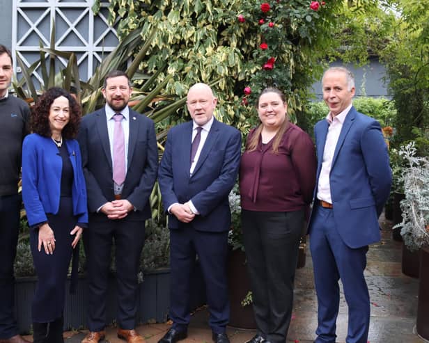 The National Methane Summit took place in Portlaoise, County Laois on Monday, 12 October. Pictured (L-R): David Kenny, Irish Cattle Breeding Federation, Mary McCarthy, University College Cork, Karl Walsh, Department of Agriculture, Food and the Marine, Philip Carroll, Meat Industry Ireland, Elizabeth Walsh, VistaMilk Research Ireland Centre and Donagh Berry, VistaMilk Research Ireland Centre and Teagasc.